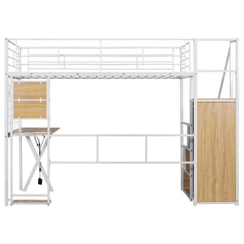 Lit mezzanine gamer en métal avec poste de travail intégré et armoire, lit mezzanine robuste avec escalier de rangement et lumières LED