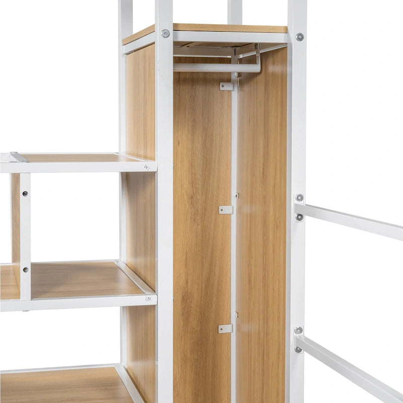 Lit mezzanine gamer en métal avec poste de travail intégré et armoire, lit mezzanine robuste avec escalier de rangement et lumières LED