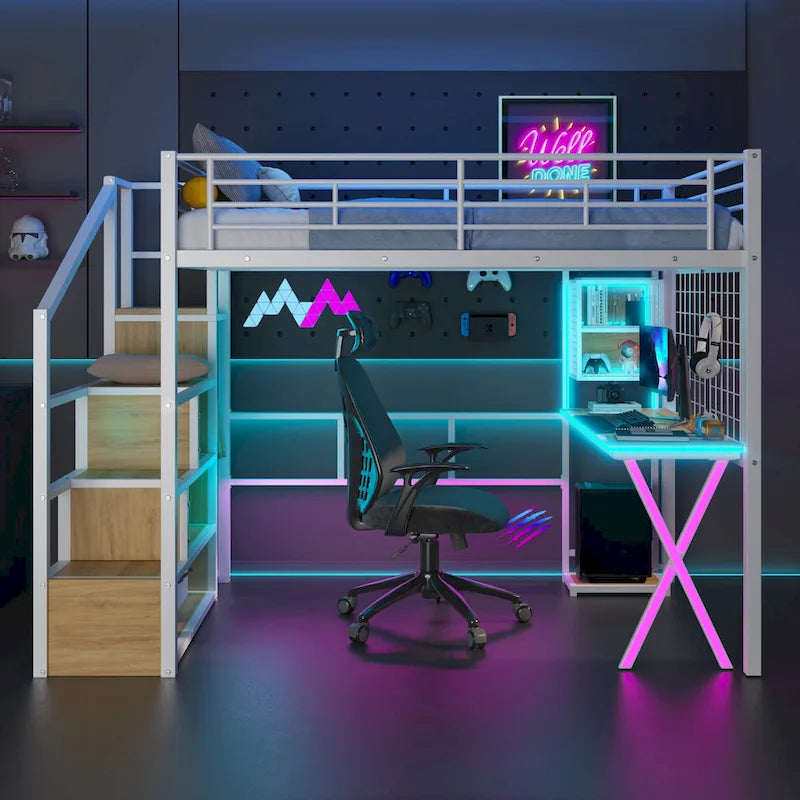 Lit mezzanine gamer en métal avec poste de travail intégré et armoire, lit mezzanine robuste avec escalier de rangement et lumières LED
