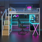 Lit mezzanine gamer en métal avec poste de travail intégré et armoire, lit mezzanine robuste avec escalier de rangement et lumières LED