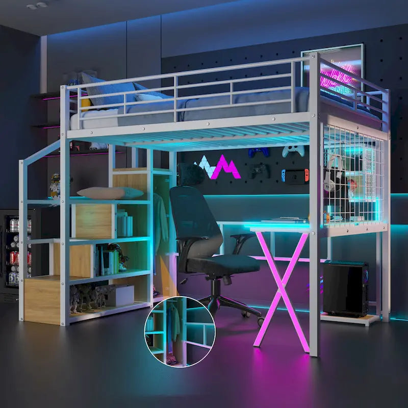 Lit mezzanine gamer en métal avec poste de travail intégré et armoire, lit mezzanine robuste avec escalier de rangement et lumières LED