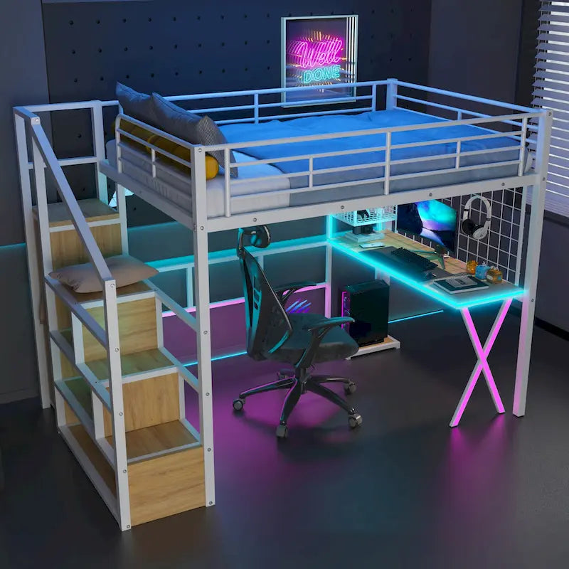 Lit mezzanine gamer en métal avec poste de travail intégré et armoire, lit mezzanine robuste avec escalier de rangement et lumières LED