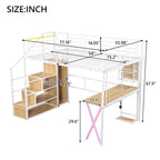 Lit mezzanine gamer en métal avec poste de travail intégré et armoire, lit mezzanine robuste avec escalier de rangement et lumières LED