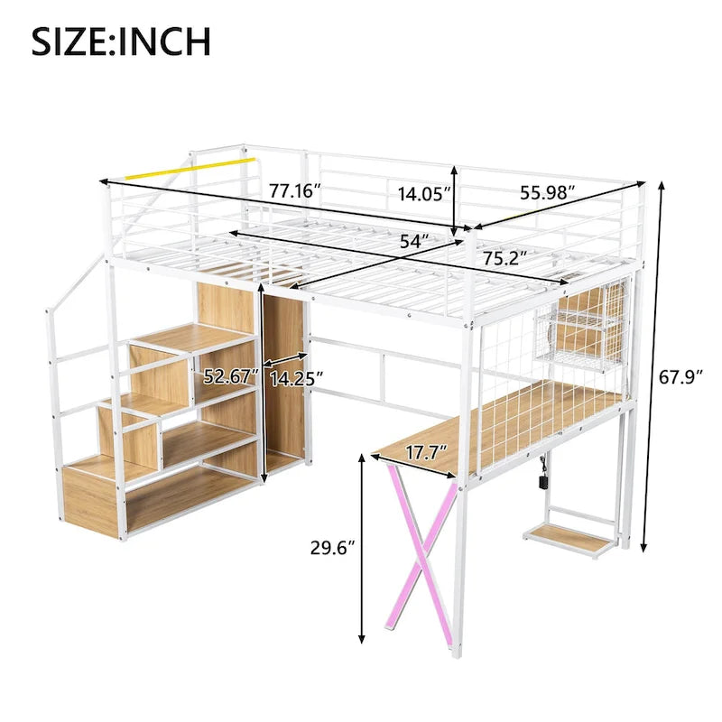 Lit mezzanine gamer en métal avec poste de travail intégré et armoire, lit mezzanine robuste avec escalier de rangement et lumières LED