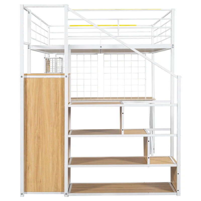 Lit mezzanine gamer en métal avec poste de travail intégré et armoire, lit mezzanine robuste avec escalier de rangement et lumières LED