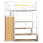 Lit mezzanine gamer en métal avec poste de travail intégré et armoire, lit mezzanine robuste avec escalier de rangement et lumières LED