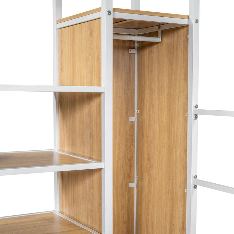 Lit mezzanine gamer en métal avec poste de travail intégré et armoire, lit mezzanine robuste avec escalier de rangement et lumières LED