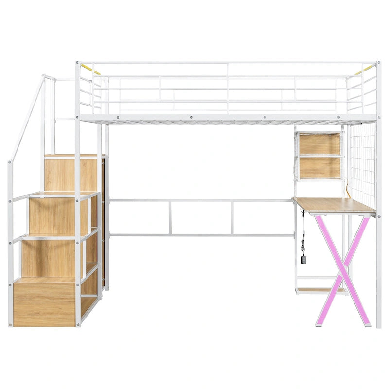 Lit mezzanine gamer en métal avec poste de travail intégré et armoire, lit mezzanine robuste avec escalier de rangement et lumières LED