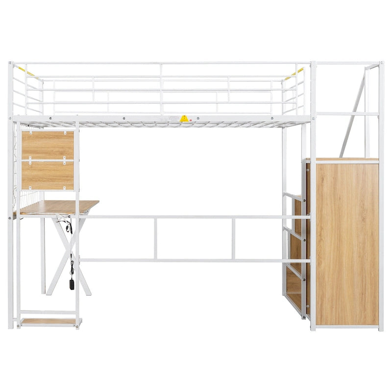 Lit mezzanine gamer en métal avec poste de travail intégré et armoire, lit mezzanine robuste avec escalier de rangement et lumières LED