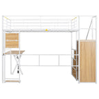 Lit mezzanine gamer en métal avec poste de travail intégré et armoire, lit mezzanine robuste avec escalier de rangement et lumières LED
