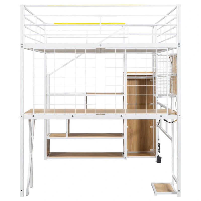 Lit mezzanine gamer en métal avec poste de travail intégré et armoire, lit mezzanine robuste avec escalier de rangement et lumières LED