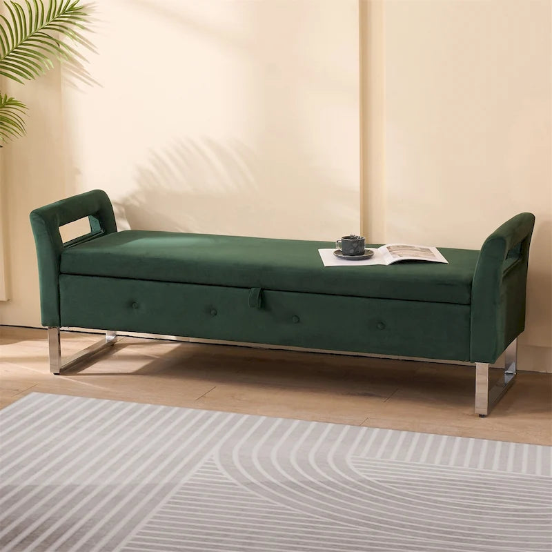 67,91 Banc de rangement en velours avec accoudoirs et cadre en bois pour chambre à coucher