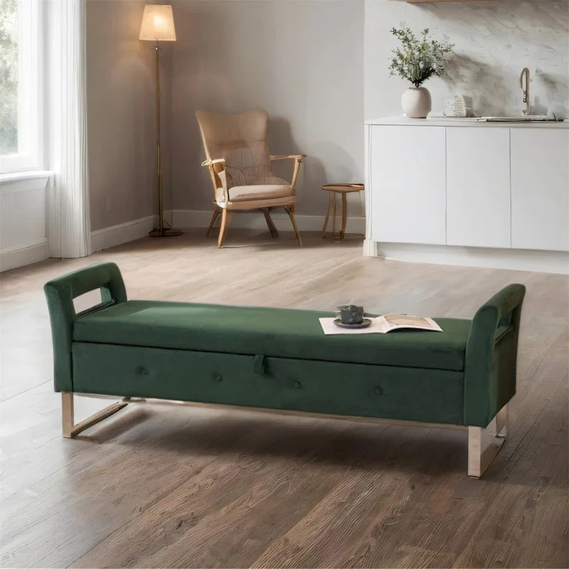 67,91 Banc de rangement en velours avec accoudoirs et cadre en bois pour chambre à coucher