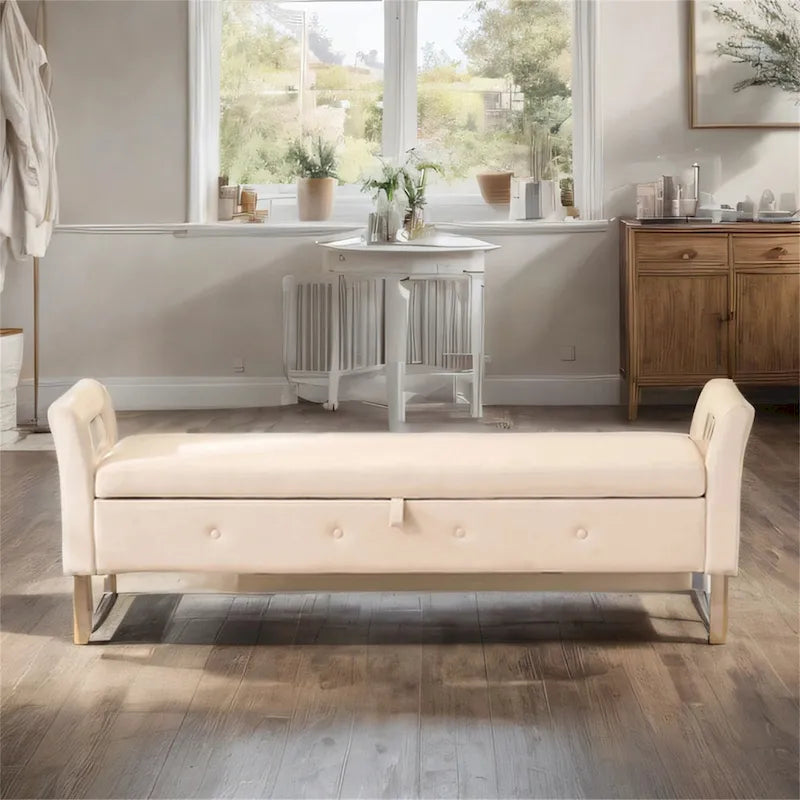 67,91 Banc de rangement en velours avec accoudoirs et cadre en bois pour chambre à coucher