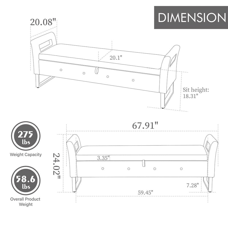 67,91 Banc de rangement en velours avec accoudoirs et cadre en bois pour chambre à coucher