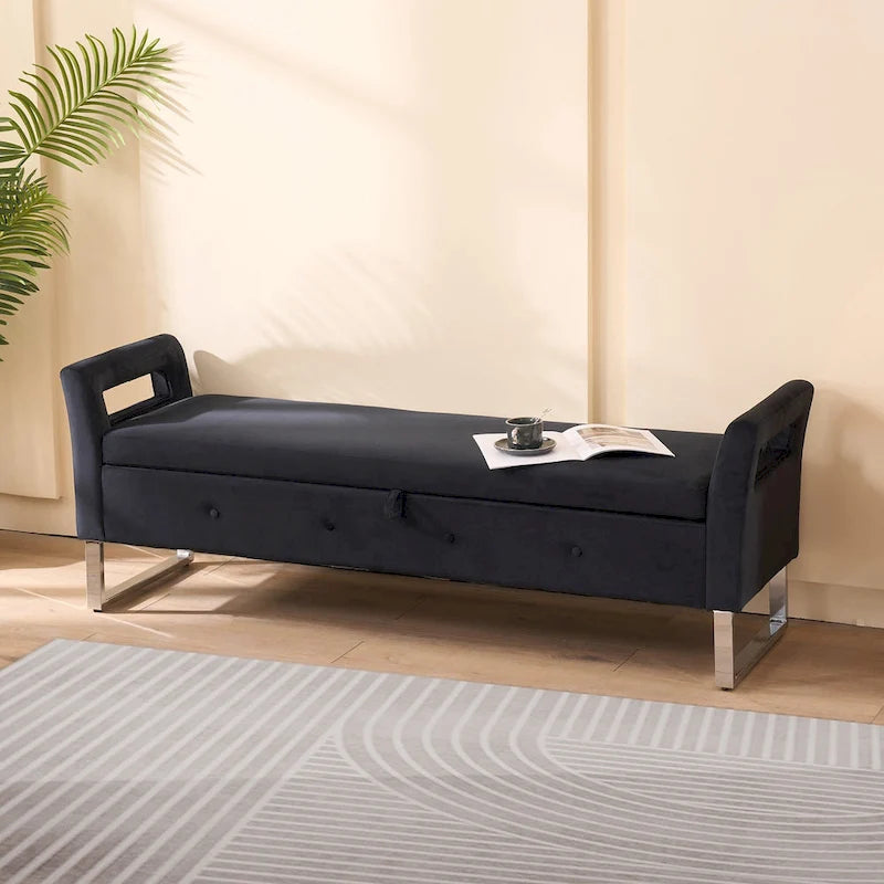 67,91 Banc de rangement en velours avec accoudoirs et cadre en bois pour chambre à coucher