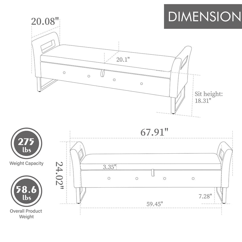 67,91 Banc de rangement en velours avec accoudoirs et cadre en bois pour chambre à coucher