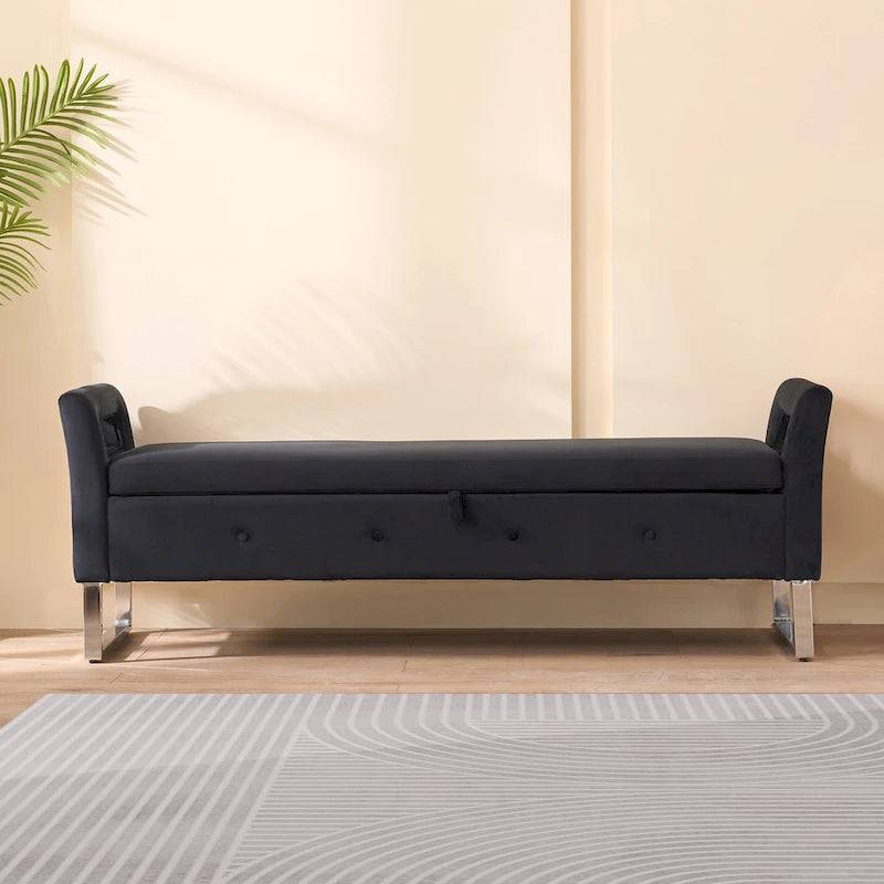67,91 Banc de rangement en velours avec accoudoirs et cadre en bois pour chambre à coucher