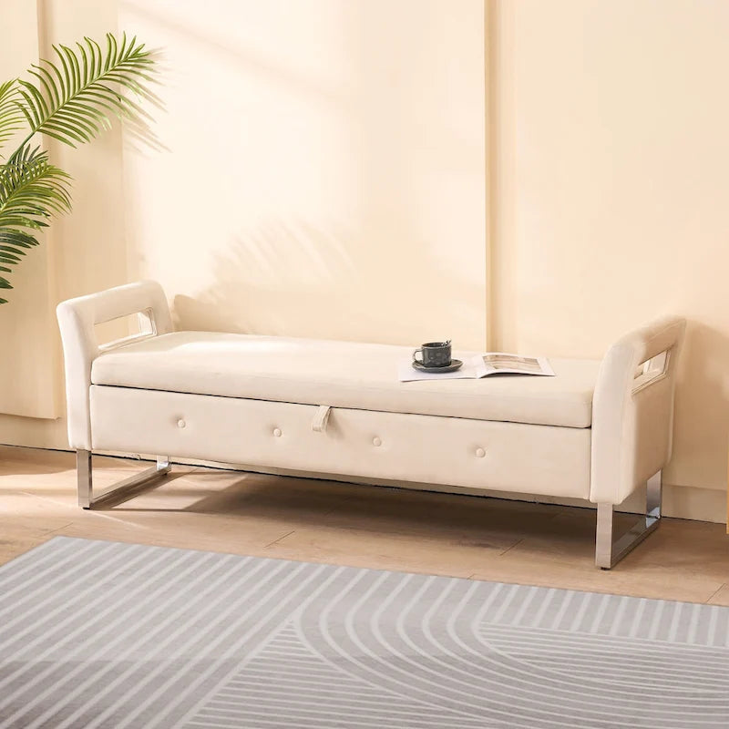 67,91 Banc de rangement en velours avec accoudoirs et cadre en bois pour chambre à coucher