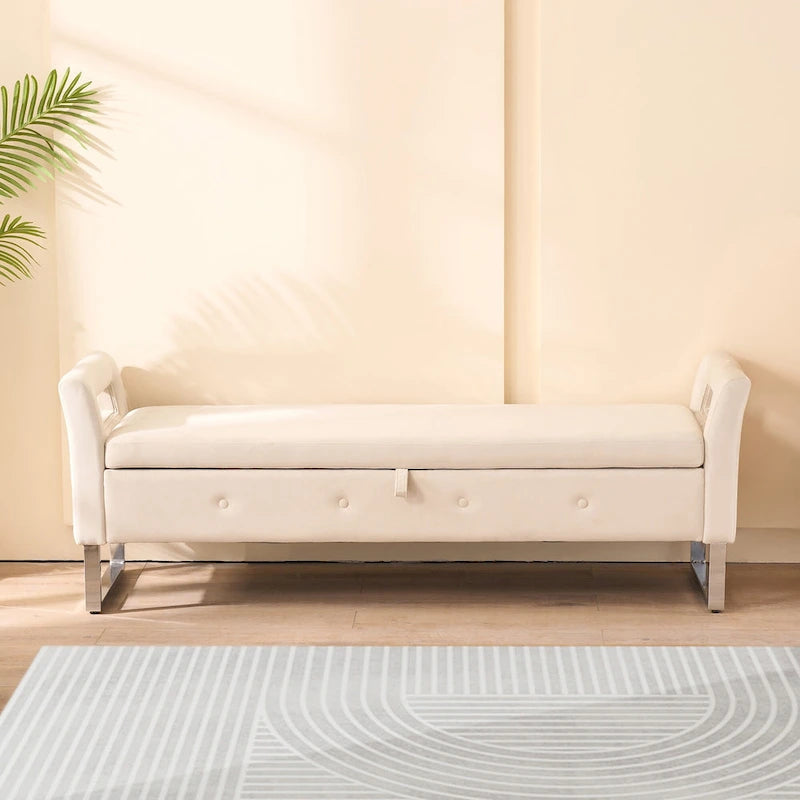 67,91 Banc de rangement en velours avec accoudoirs et cadre en bois pour chambre à coucher