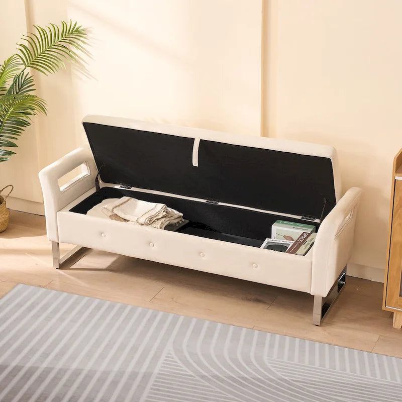 67,91 Banc de rangement en velours avec accoudoirs et cadre en bois pour chambre à coucher