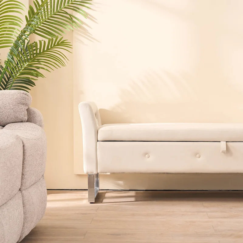 67,91 Banc de rangement en velours avec accoudoirs et cadre en bois pour chambre à coucher