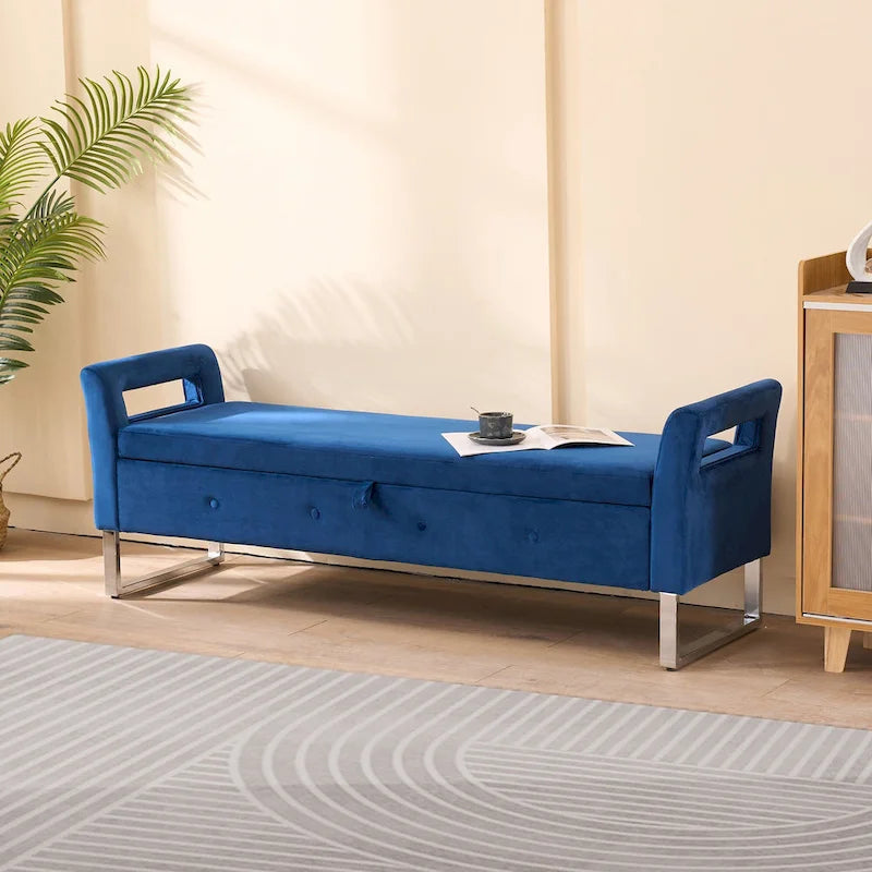 67,91 Banc de rangement en velours avec accoudoirs et cadre en bois pour chambre à coucher