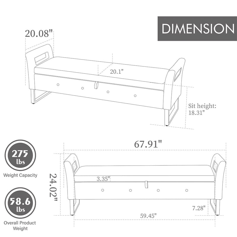 67,91 Banc de rangement en velours avec accoudoirs et cadre en bois pour chambre à coucher