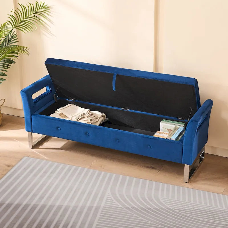 67,91 Banc de rangement en velours avec accoudoirs et cadre en bois pour chambre à coucher