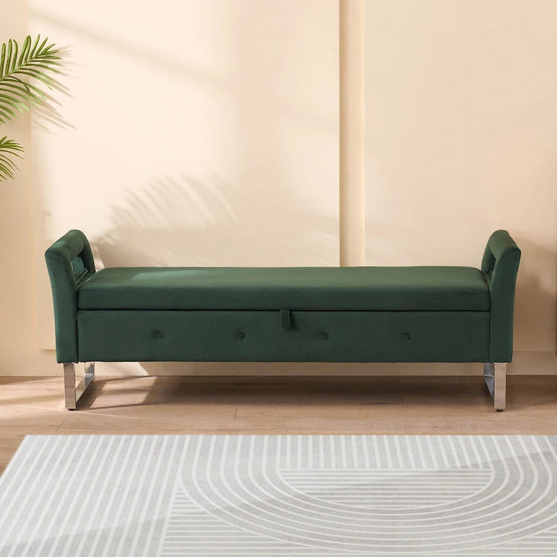 67,91 Banc de rangement en velours avec accoudoirs et cadre en bois pour chambre à coucher