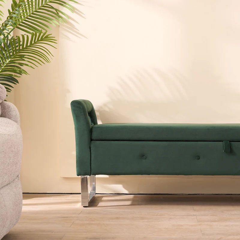 67,91 Banc de rangement en velours avec accoudoirs et cadre en bois pour chambre à coucher