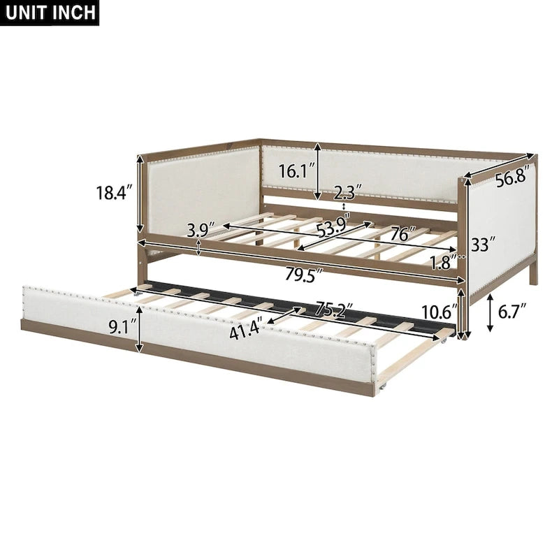 Lit de repos double en bois rembourré avec lit gigogne et décor de clous
