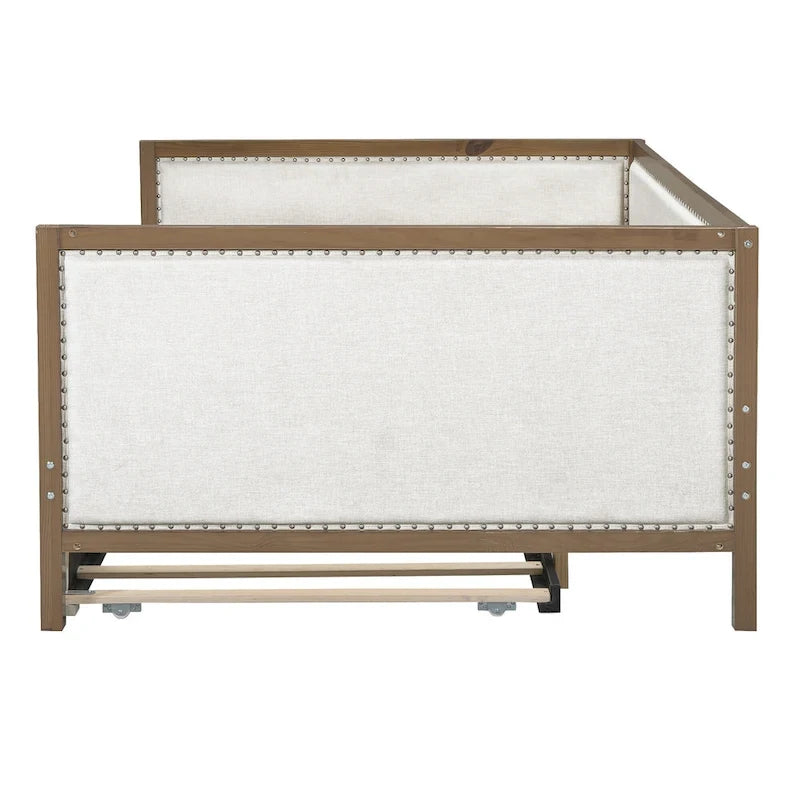Lit de repos double en bois rembourré avec lit gigogne et décor de clous