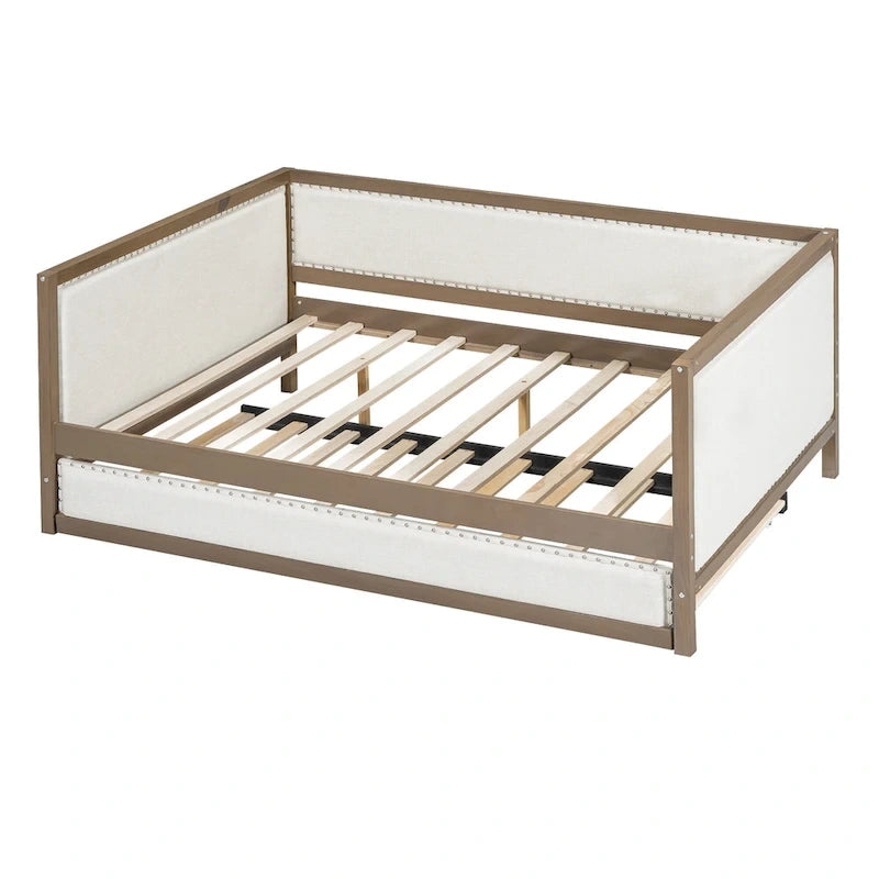 Lit de repos double en bois rembourré avec lit gigogne et décor de clous