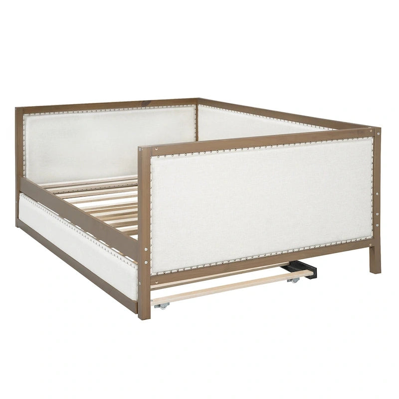 Lit de repos double en bois rembourré avec lit gigogne et décor de clous
