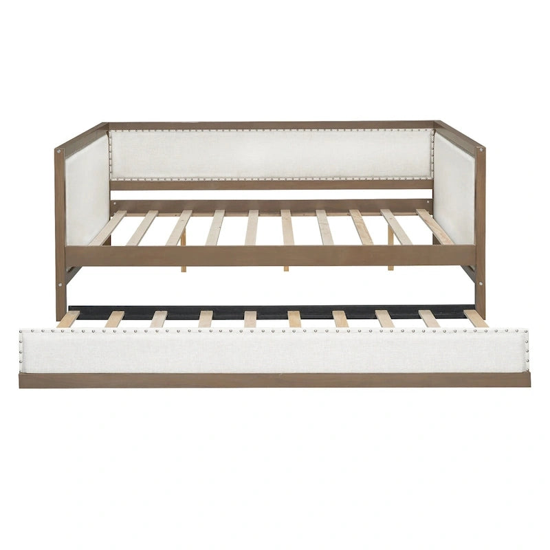 Lit de repos double en bois rembourré avec lit gigogne et décor de clous