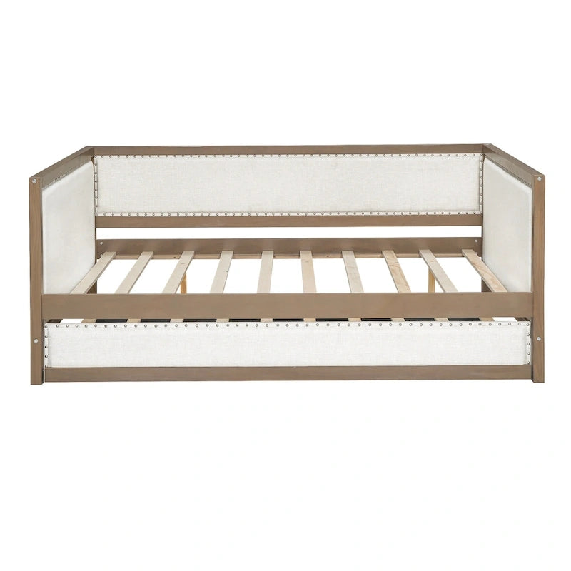 Lit de repos double en bois rembourré avec lit gigogne et décor de clous