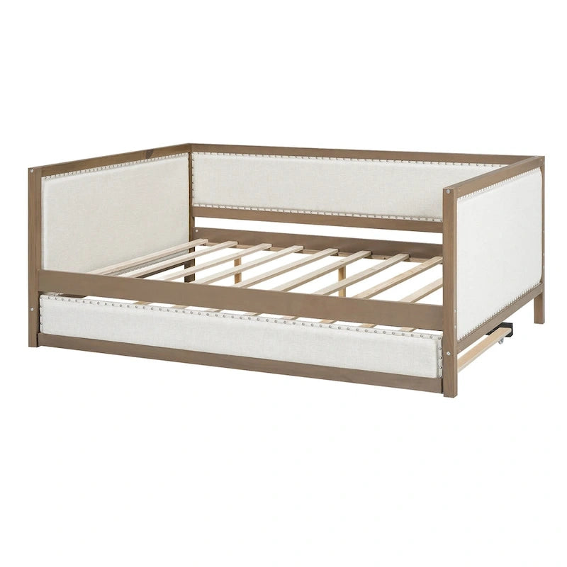 Lit de repos double en bois rembourré avec lit gigogne et décor de clous