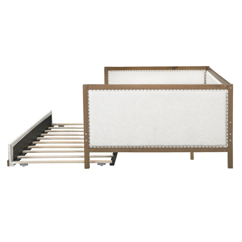 Lit de repos double en bois rembourré avec lit gigogne et décor de clous