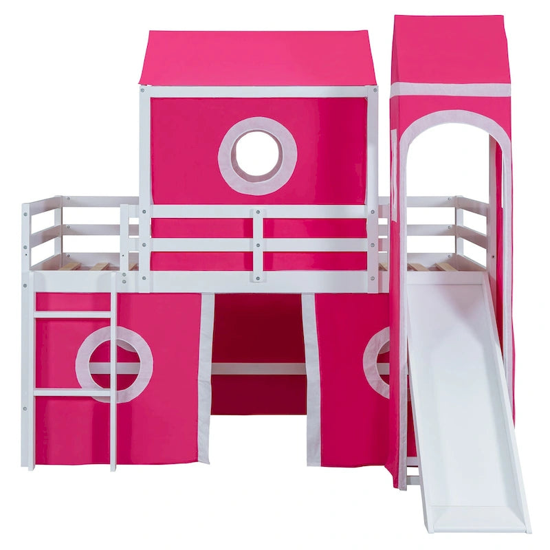 Lit mezzanine cabane en bois massif avec tente toboggan, tour, échelle et barrière de sécurité pour chambre à coucher