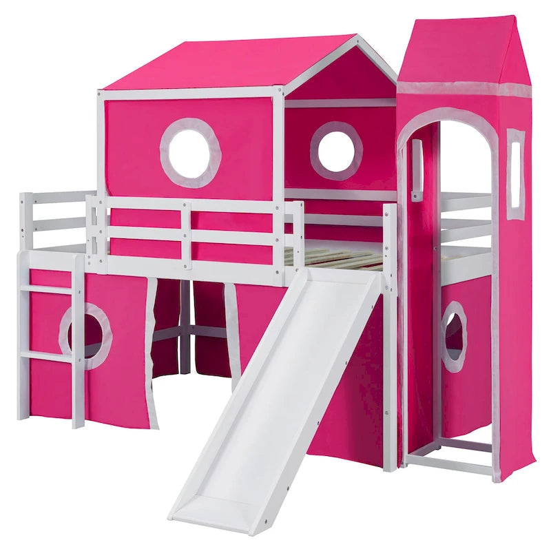 Lit mezzanine cabane en bois massif avec tente toboggan, tour, échelle et barrière de sécurité pour chambre à coucher