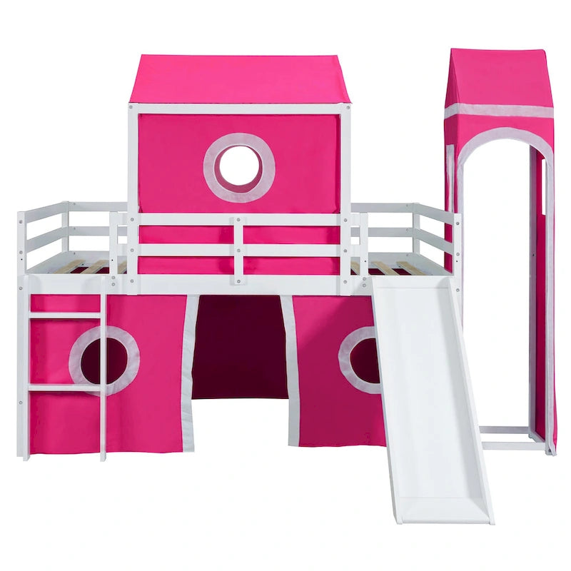 Lit mezzanine cabane en bois massif avec tente toboggan, tour, échelle et barrière de sécurité pour chambre à coucher