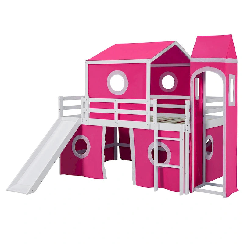 Lit mezzanine cabane en bois massif avec tente toboggan, tour, échelle et barrière de sécurité pour chambre à coucher