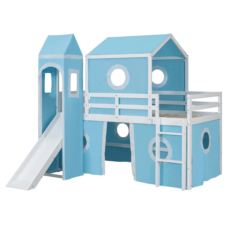 Lit mezzanine cabane en bois massif avec tente toboggan, tour, échelle et barrière de sécurité pour chambre à coucher