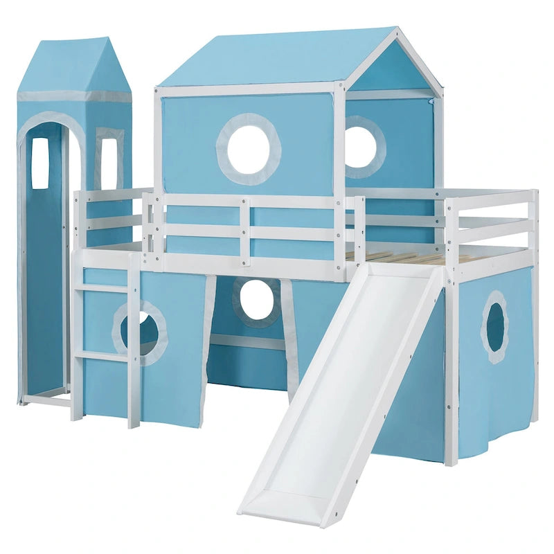 Lit mezzanine cabane en bois massif avec tente toboggan, tour, échelle et barrière de sécurité pour chambre à coucher