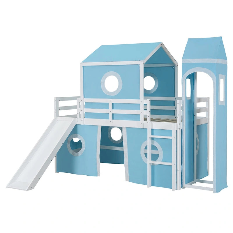 Lit mezzanine cabane en bois massif avec tente toboggan, tour, échelle et barrière de sécurité pour chambre à coucher