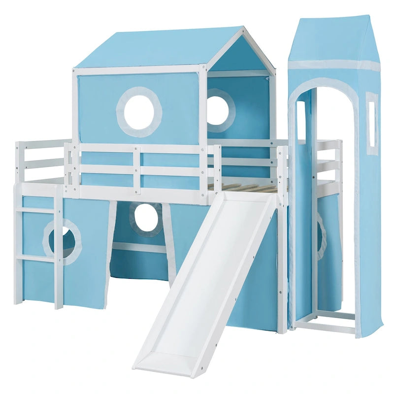 Lit mezzanine cabane en bois massif avec tente toboggan, tour, échelle et barrière de sécurité pour chambre à coucher