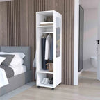 16 Armoire moderne à une porte avec trois étagères, roulettes et tringle de suspension pour chambre à coucher