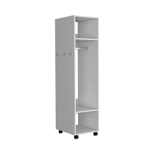 16 Armoire moderne à une porte avec trois étagères, roulettes et tringle de suspension pour chambre à coucher