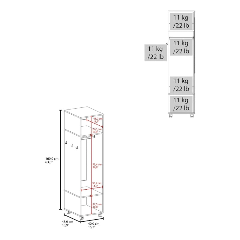 16 Armoire moderne à une porte avec trois étagères, roulettes et tringle de suspension pour chambre à coucher